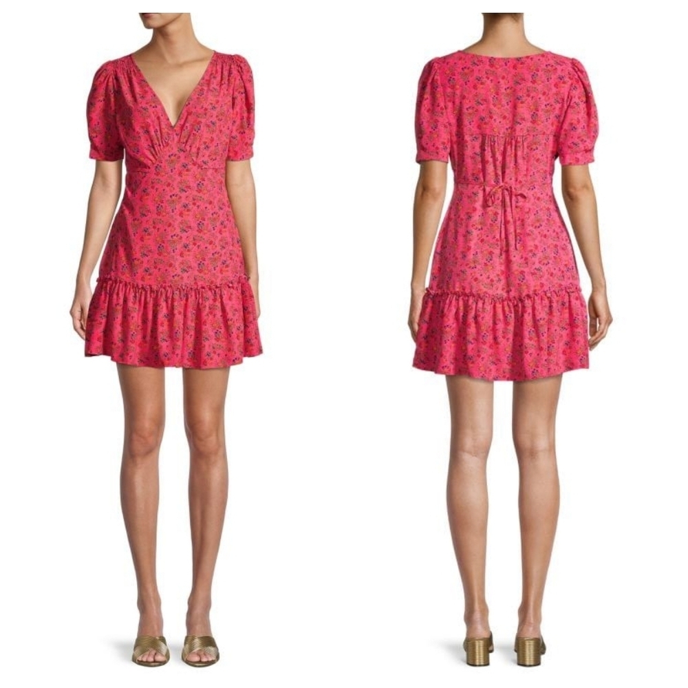 Betsey Johnson Pink Floral V-Neck Ruffle Dress
